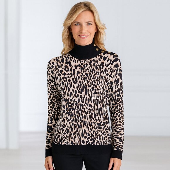 EUC Calvin Klein Leopard Print Mock Neck Long Sleeve Sweater Size Medium - Picture 1 of 10